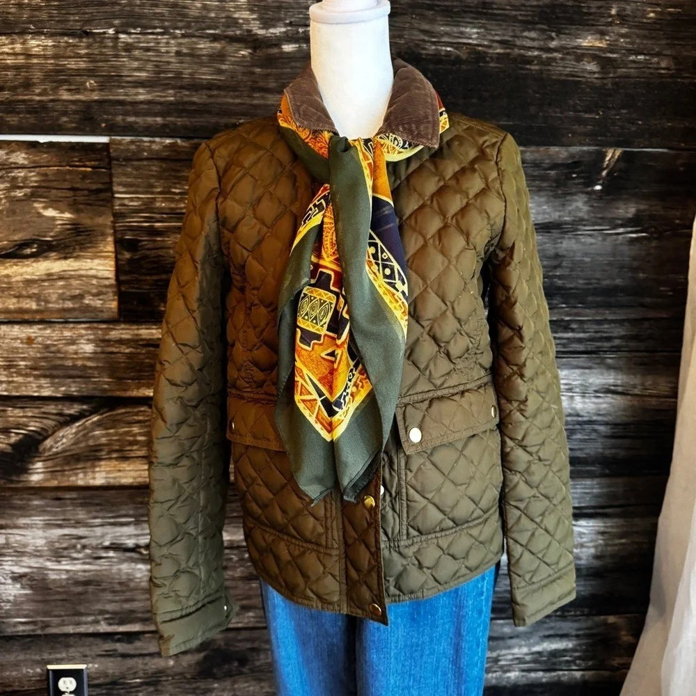 JCrew Olive Green Quilted Barn Jacket Corduroy Collar Sz.‎ XS